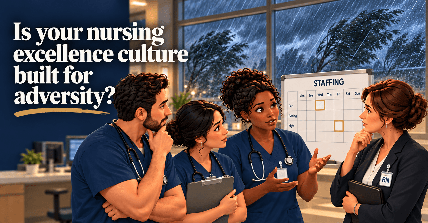 Illustration of nursing colleagues in a hospital huddle with a storm outside.