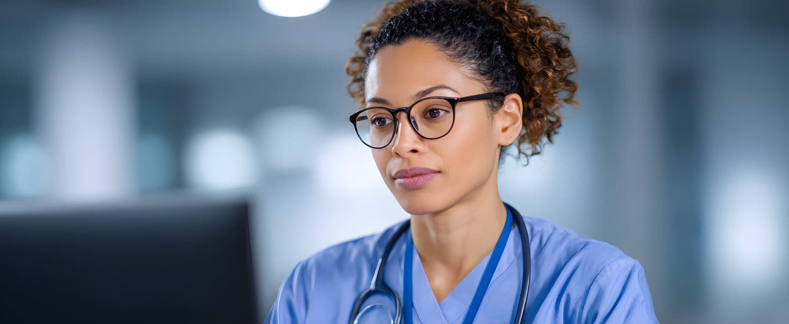 A focused clinical nurse in scrubs and glasses working at a computer — the everyday work that, with the right structure, becomes designation-ready documentation.
