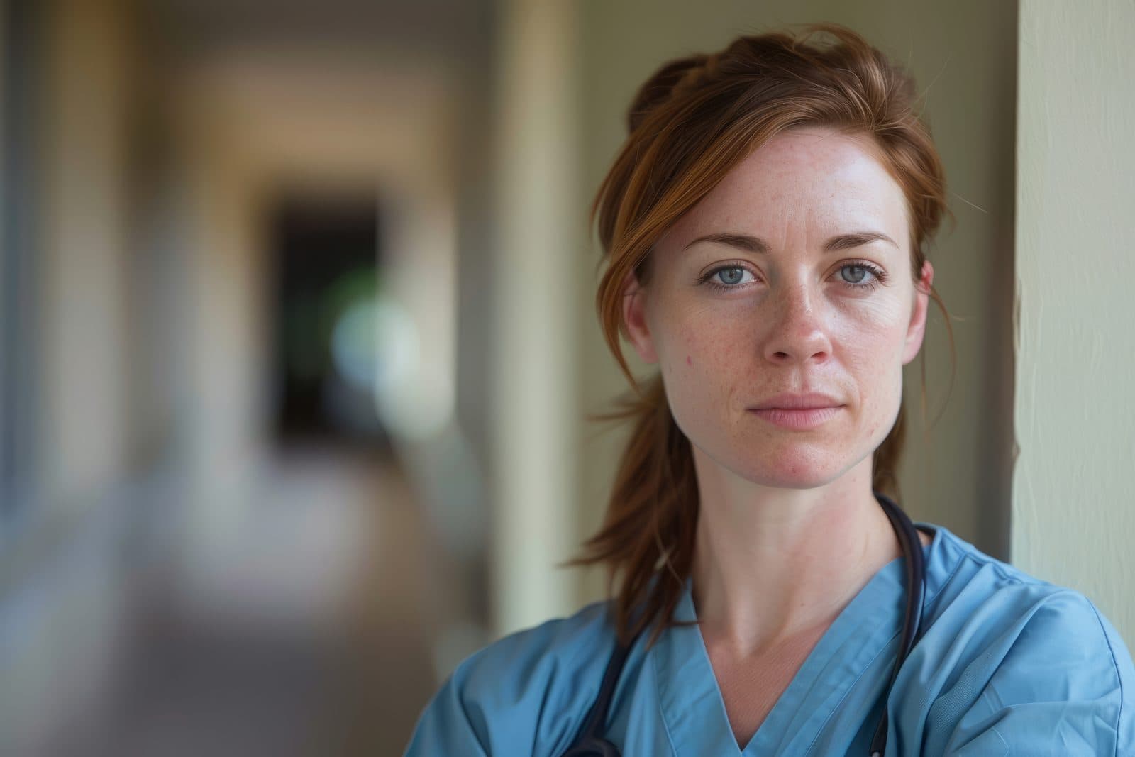 A composed clinical nurse in scrubs standing in a hospital corridor — the kind of capable frontline nurse who has the ideas but has stopped raising them.